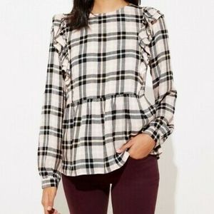 Loft Plaid Ruffle Blouse Long Sleeve Size M